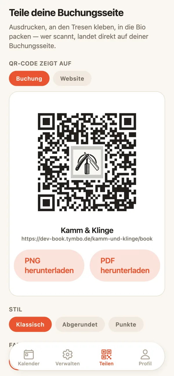 Tymbo-App auf dem Smartphone: QR-Code von Kamm & Klinge mit Logo, Download als PNG oder PDF und Auswahl des QR-Stils