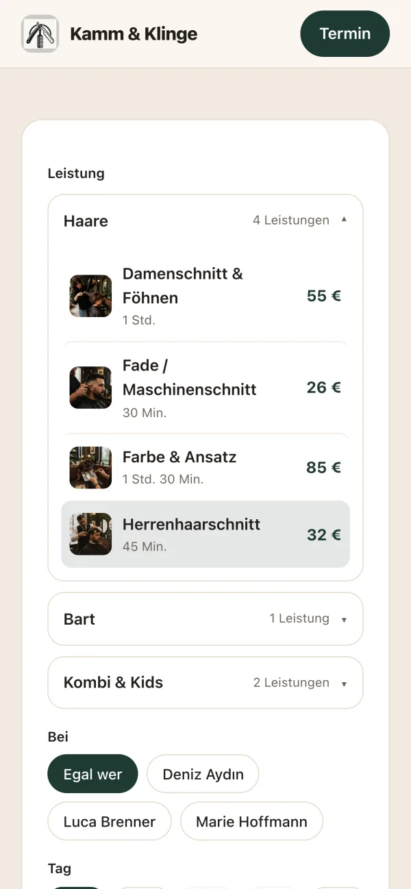 Buchungsseite auf dem Smartphone: Damenschnitt, Fade, Farbe und Herrenhaarschnitt mit Foto, Dauer und Preis, darunter die Auswahl im Team
