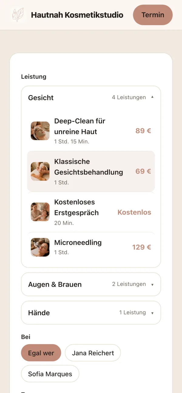 Buchungsseite auf dem Smartphone: Deep-Clean, klassische Gesichtsbehandlung, kostenloses Erstgespräch und Microneedling, jeweils mit Dauer und Preis