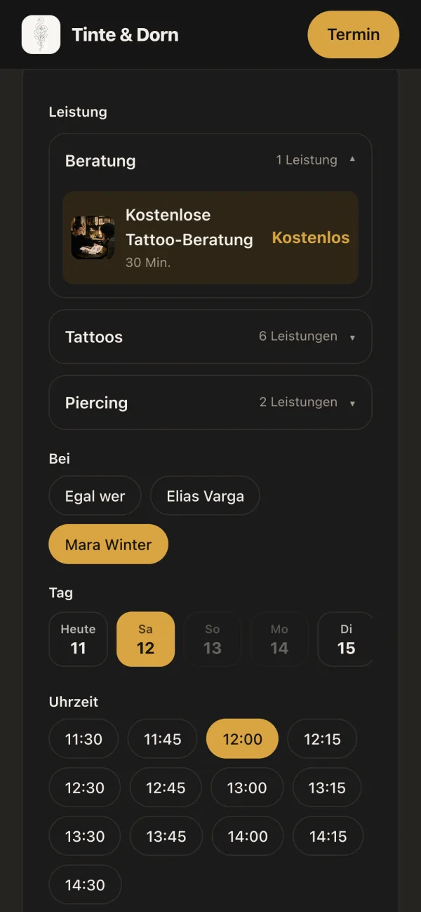 Buchungsseite auf dem Smartphone: kostenlose Tattoo-Beratung ausgewählt, Artist Mara Winter, Tag und Uhrzeit gewählt